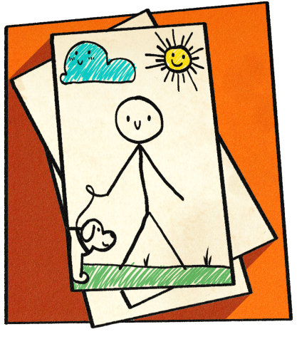 an orange background with three sheets of paper laid out. On the front sheet, there is a childlike drawing of a stick figure doll taking a dog for a walk on a sunny day.