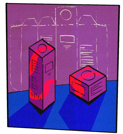 two purple packages with pink details are placed on a blue floor in front of a purple background. In the background, there is a white sketch depicting a packaging design project.