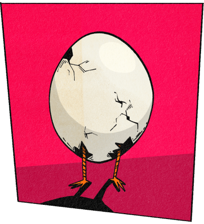 , against a pink background, there is an illustration of a cracking egg. Only the two legs of a bird can be seen emerging from the bottom of the egg.