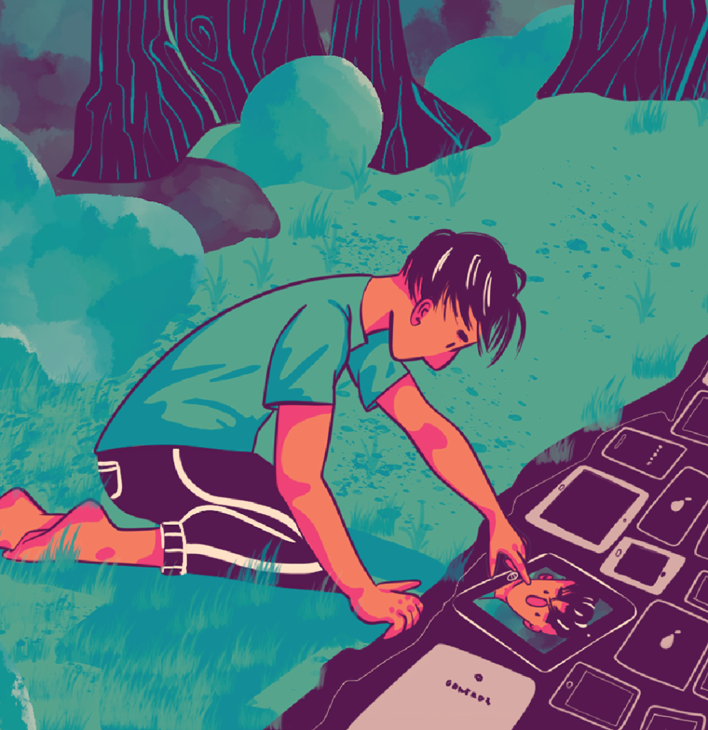 The illustration depicts a boy kneeling in a forest in front of a lake. However, instead of water, the lake is filled with smartphones and tablets that flow along its path. One of the devices displays an image of the boy's face, as if reflecting his image as seen in water.