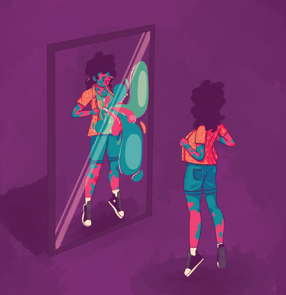 An illustration depicts a girl with vitiligo standing in front of a mirror in a completely purple room. The girl has her back turned towards the viewer, and she is shown opening her chest with her hands. In the reflection on the front of the mirror, colorful and liquid shapes can be seen emanating from her chest. These shapes appear to be colliding with the glass of the mirror, as if attempting to break free.