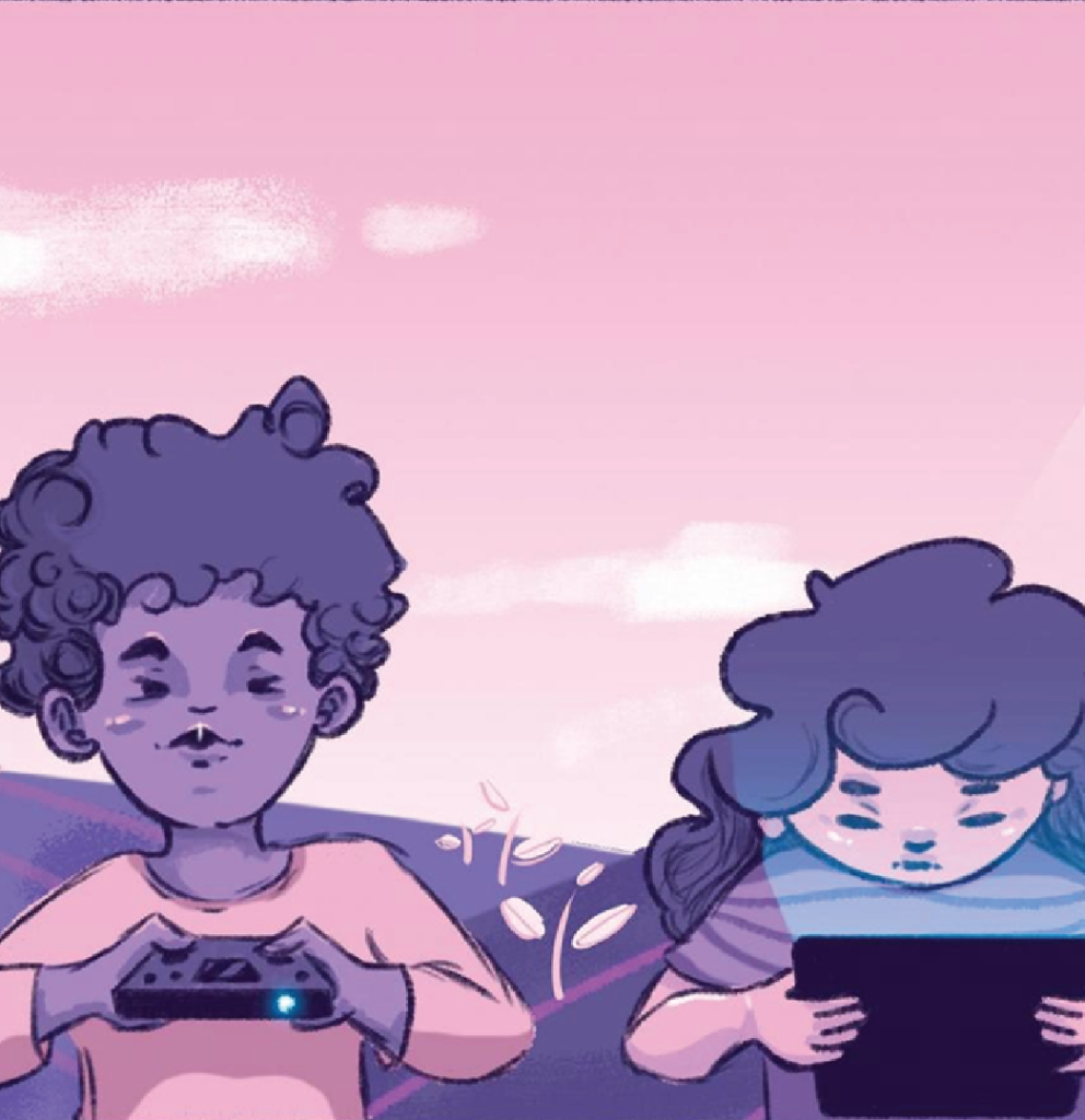 A horizontal and colorful illustration predominantly in shades of pink and purple. In the center and foreground, there are two women. The woman on the left has dark curly hair, dark skin, and black eyes. She wears a long-sleeved shirt in a salmon tone and holds a black remote control with a blue light on the end in her hands. The woman on the right has wavy, long, dark hair, light skin, and dark eyes. She wears a striped shirt in shades of purple and holds a tablet emitting a bluish light in her hands. She has her head down. In the background, there are plantations on two mountains that meet in the center of the image. In the sky, there is a purple drone emitting a bluish light. The sky itself is colored in a baby pink hue.