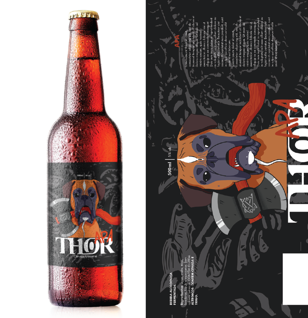 On the left side, in front of a white background, there is an amber glass beer bottle with a metal lid. The bottle appears sweaty due to condensation. The label on the bottle features an illustration of a boxer dog holding an ax in its mouth against a dark gray background resembling graphite. Below the illustration, the name 'Thor' is written, followed by 'Craft Beer'. The name 'Thor' is superimposed with 'APA', indicating the type of beer as an American Pale Ale.