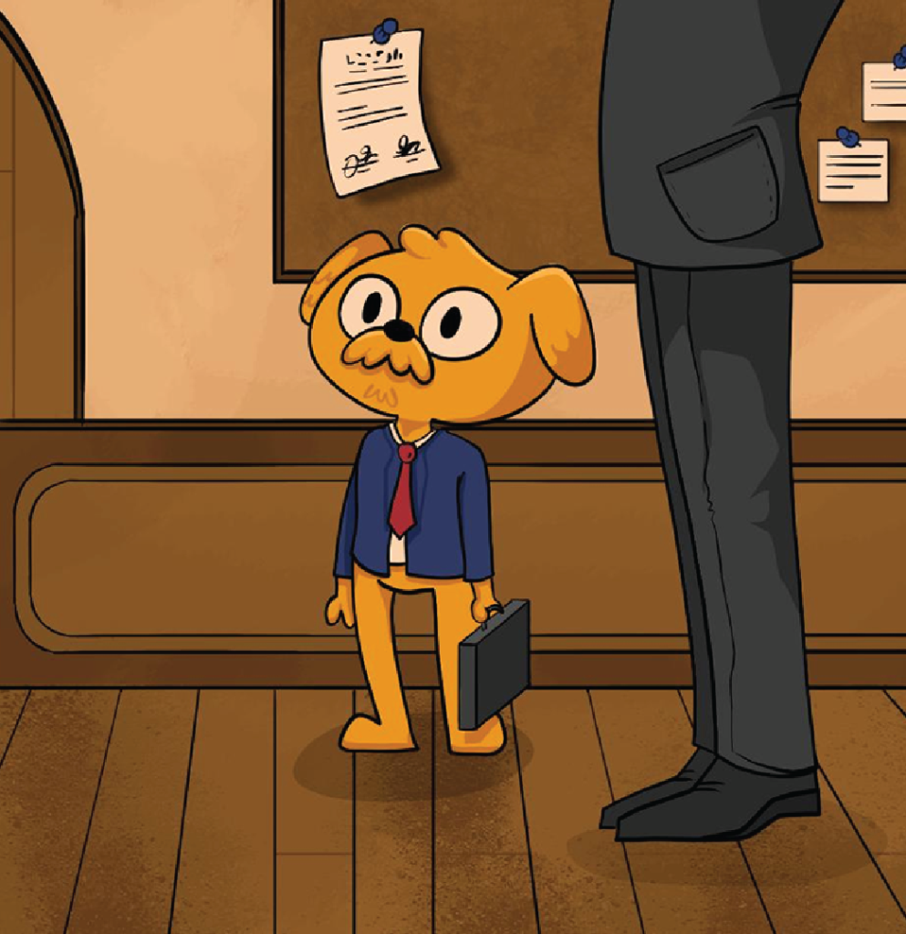 A horizontal, color illustration depicts a small, upright yellow dog dressed in a navy blue suit, navy blue shirt, and a red tie. The dog has big eyes and holds a black briefcase. Standing to the side is a person wearing a black suit, black pants, and black shoes. Only the legs and lower abdomen of the person are visible. The floor is made of brown slatted wood. In the background, there is a half dark brown wall connected to a fence of the same color. Additionally, there is a beige wall with a brown notice board. Three papers are pinned to the notice board. On the left side of the image, there is a rounded brown double door.