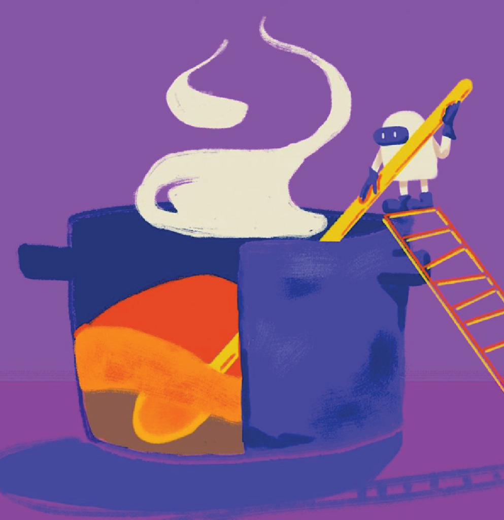 An illustration depicts a minion-like character stirring a pot with an orange liquid inside. The character resembles a minion from the animated movie franchise. The background of the illustration is purple, while the pot being stirred is blue in color. White smoke is depicted rising from the pot, indicating that the liquid inside is being heated.